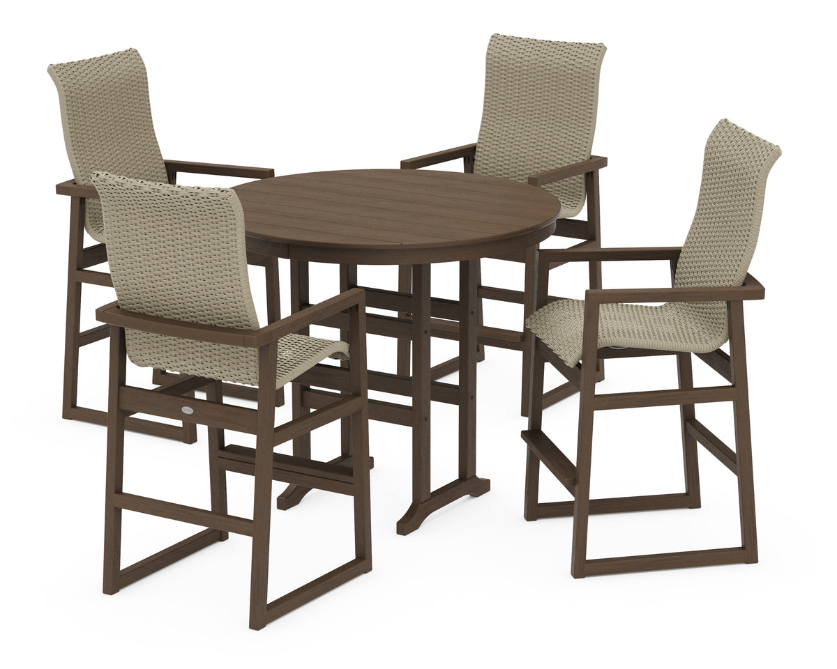 POLYWOOD EDGE Woven Highback 5-Piece Round Farmhouse Bar Set in Kona / Dune Grass