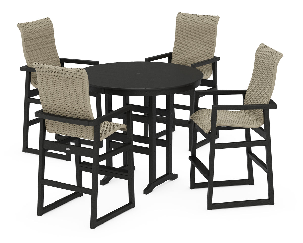 POLYWOOD EDGE Woven Highback 5-Piece Round Farmhouse Bar Set in Black / Dune Grass
