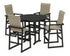 POLYWOOD EDGE Woven Highback 5-Piece Round Farmhouse Bar Set in Black / Dune Grass