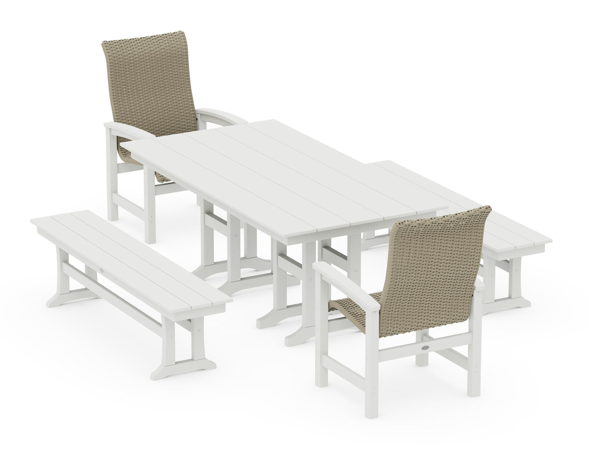 POLYWOOD Coastal Woven High-Back 5-Piece Farmhouse Dining Set with Benches in White / Dune Grass