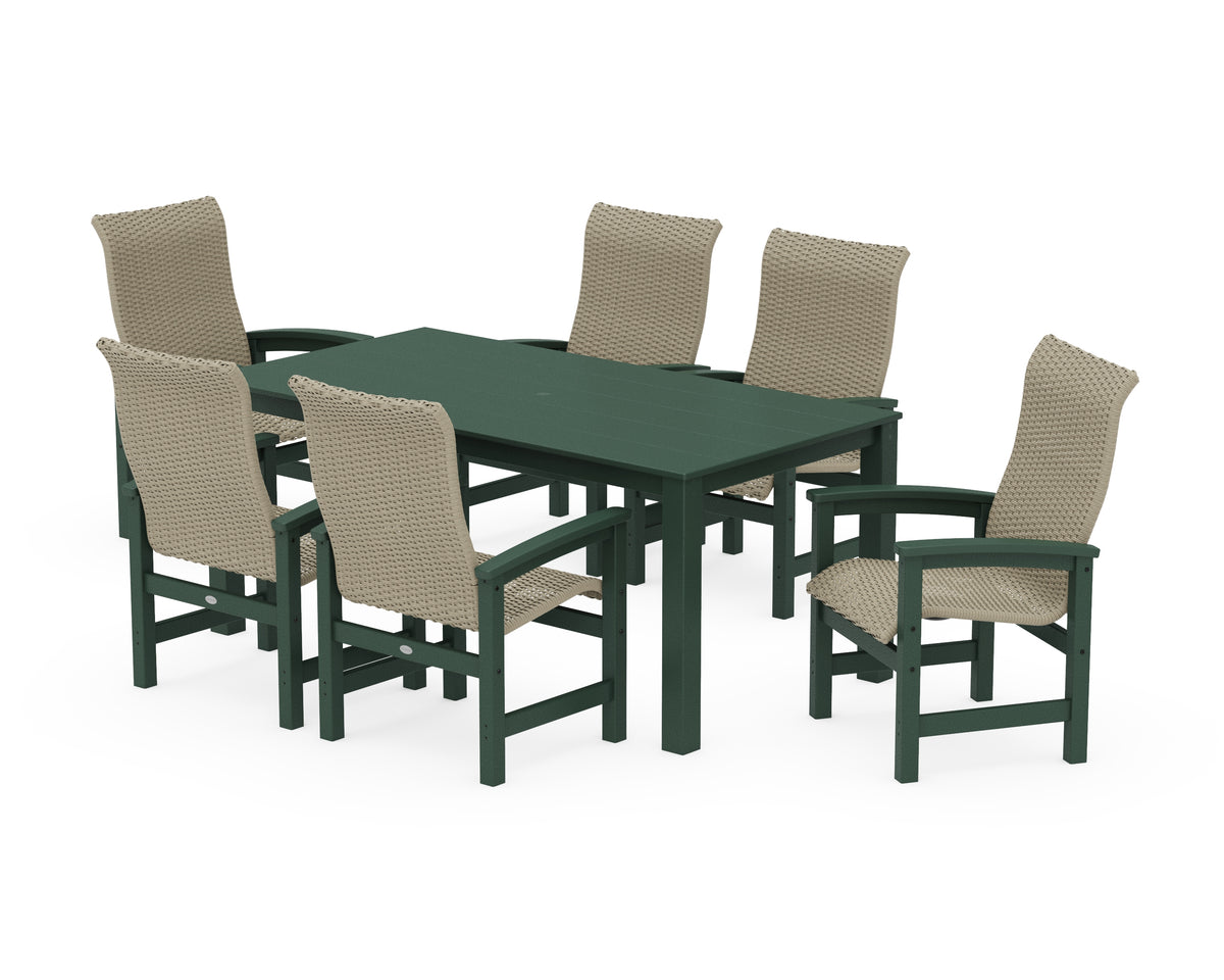 POLYWOOD Coastal Woven High-Back Arm Chair 7-Piece Parsons Dining Set in Green / Dune Grass