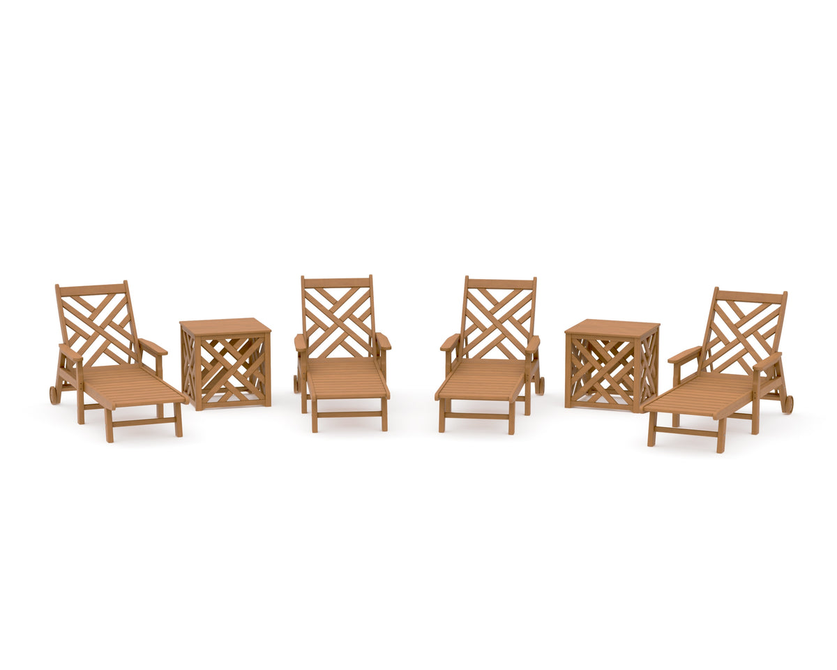 POLYWOOD Chippendale 6-Piece Chaise Set with Umbrella Stand Accent Table in Natural