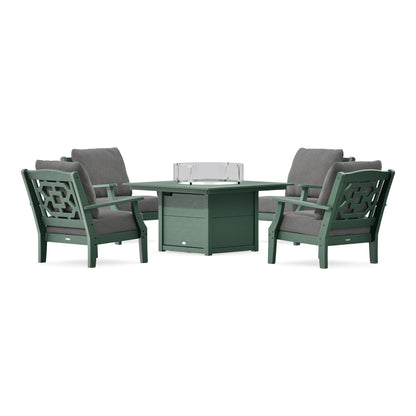 POLYWOOD Chinoiserie 5-Piece Deep Seating Set with Fire Pit Table in Green