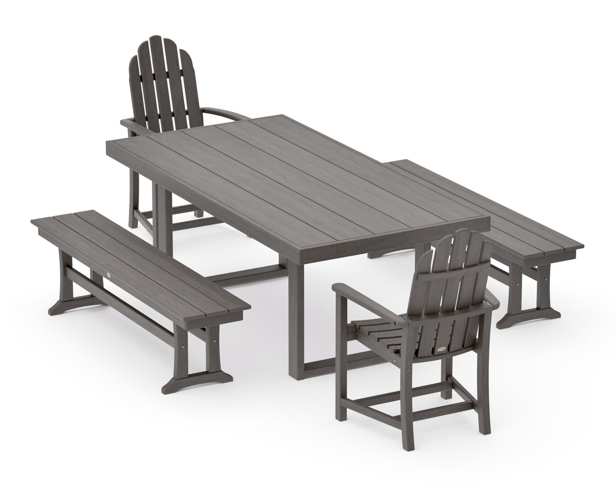 POLYWOOD Classic Adirondack 5-Piece Dining Set with Benches - 39" x 78" Table in Driftwood