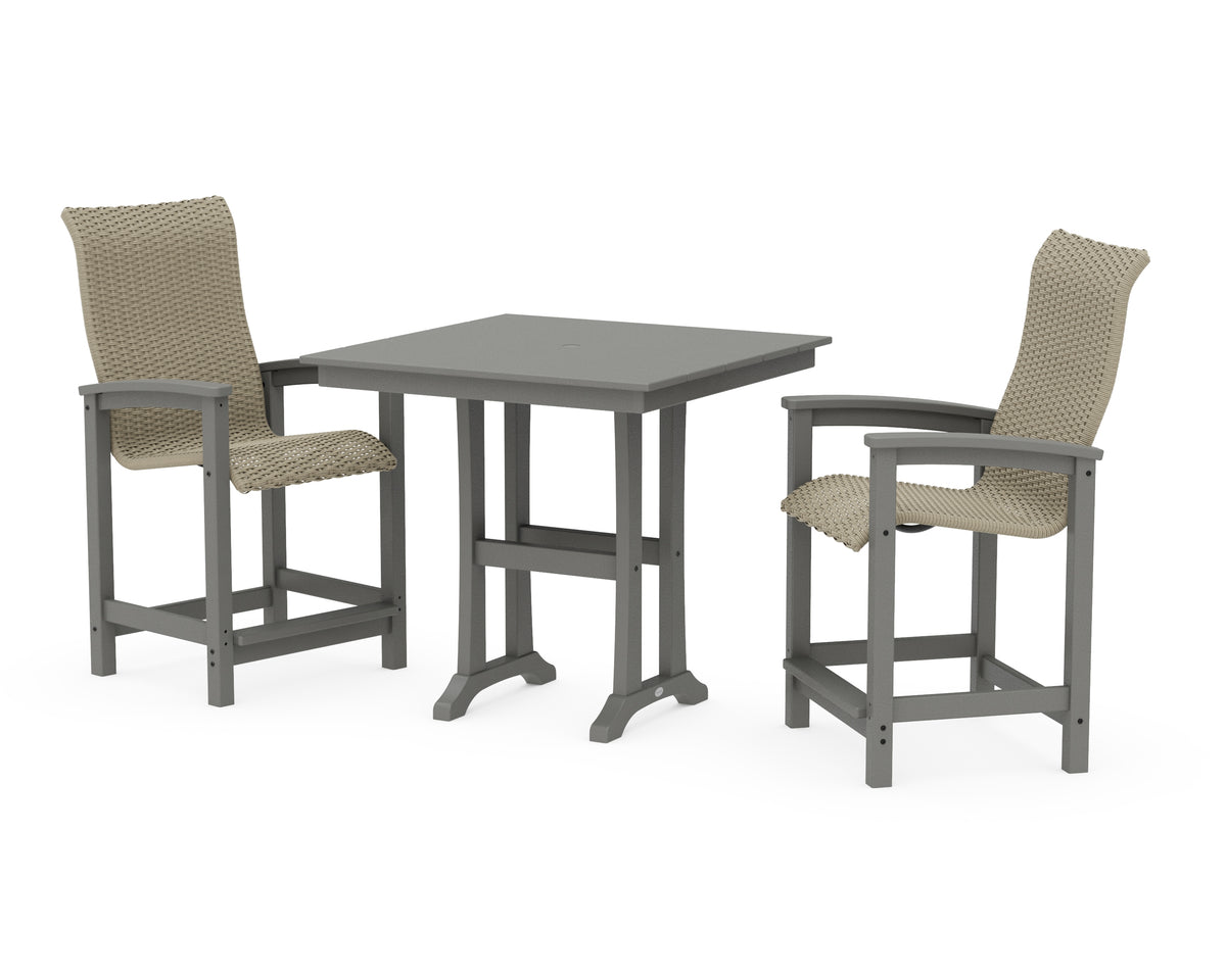 POLYWOOD Coastal Woven High-Back 3-Piece Farmhouse Counter Set with Trestle Legs in Slate Grey / Dune Grass
