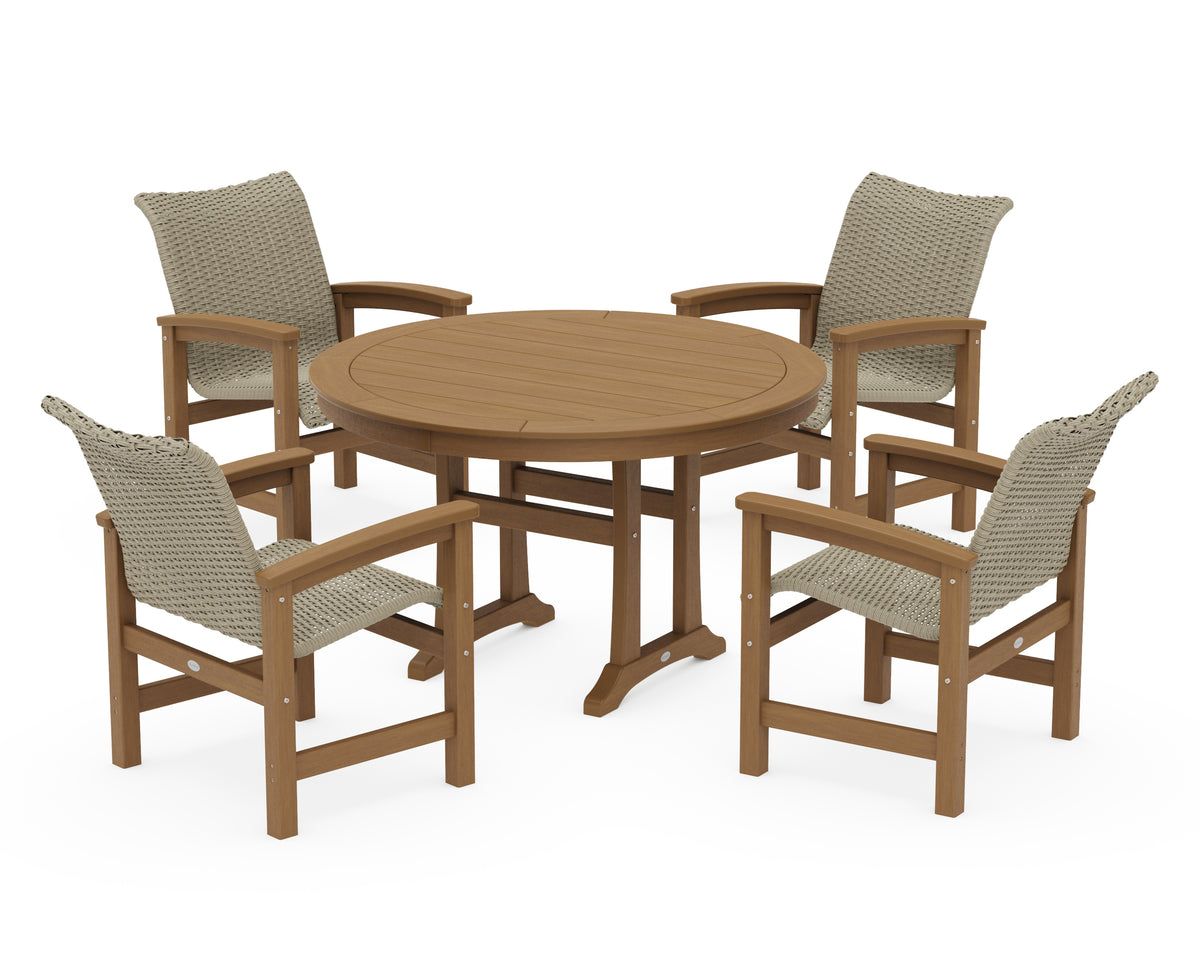 POLYWOOD Coastal Woven 5-Piece Round Dining Set with Trestle Legs in Natural / Dune Grass