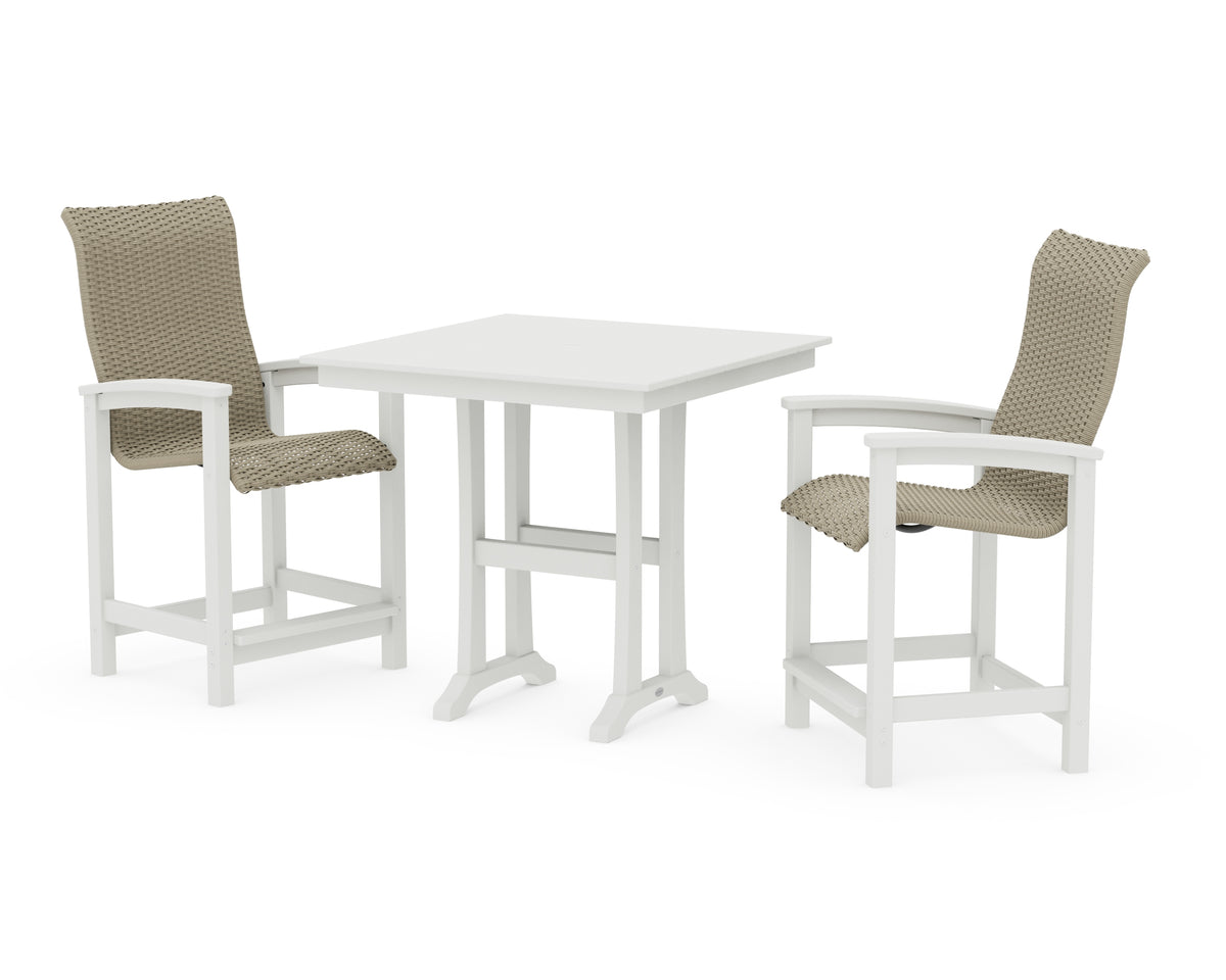POLYWOOD Coastal Woven High-Back 3-Piece Farmhouse Counter Set with Trestle Legs in White / Dune Grass