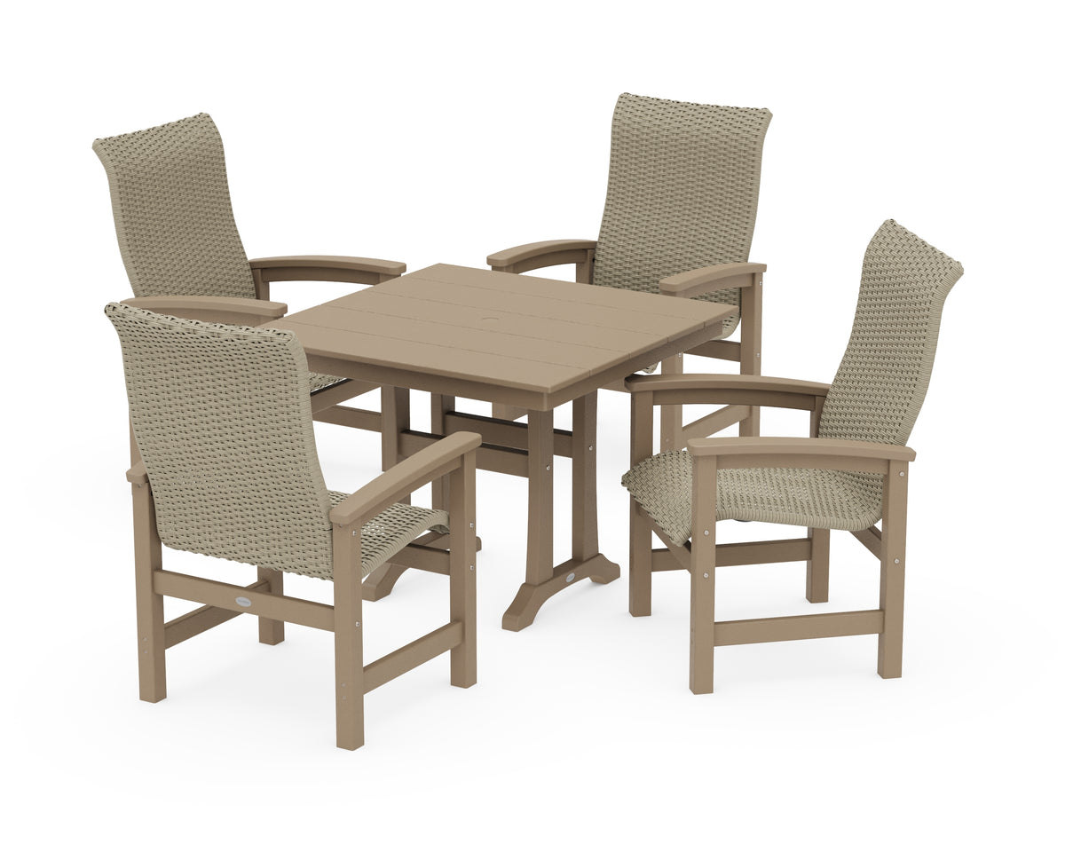 POLYWOOD Coastal Woven High-Back 5-Piece Farmhouse Dining Set with Trestle Legs in Vintage Sahara / Dune Grass