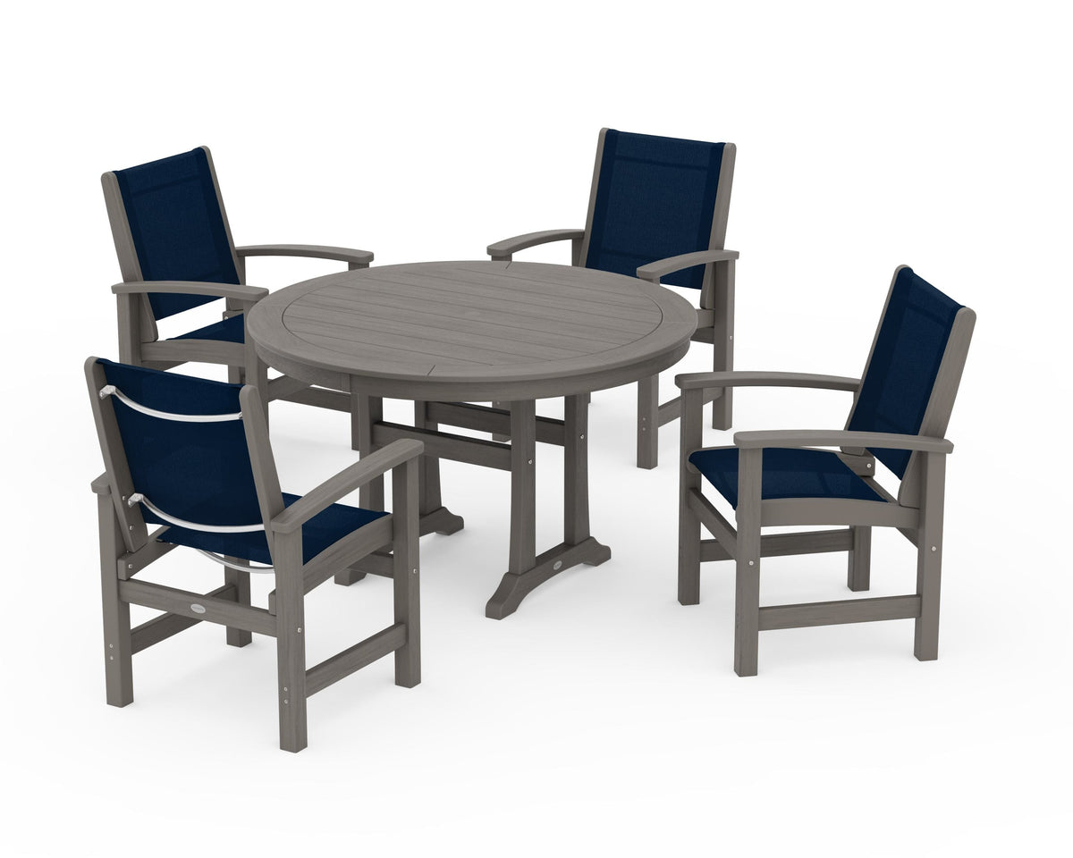 POLYWOOD Coastal 5-Piece Round Dining Set with Trestle Legs in Driftwood / Navy Blue