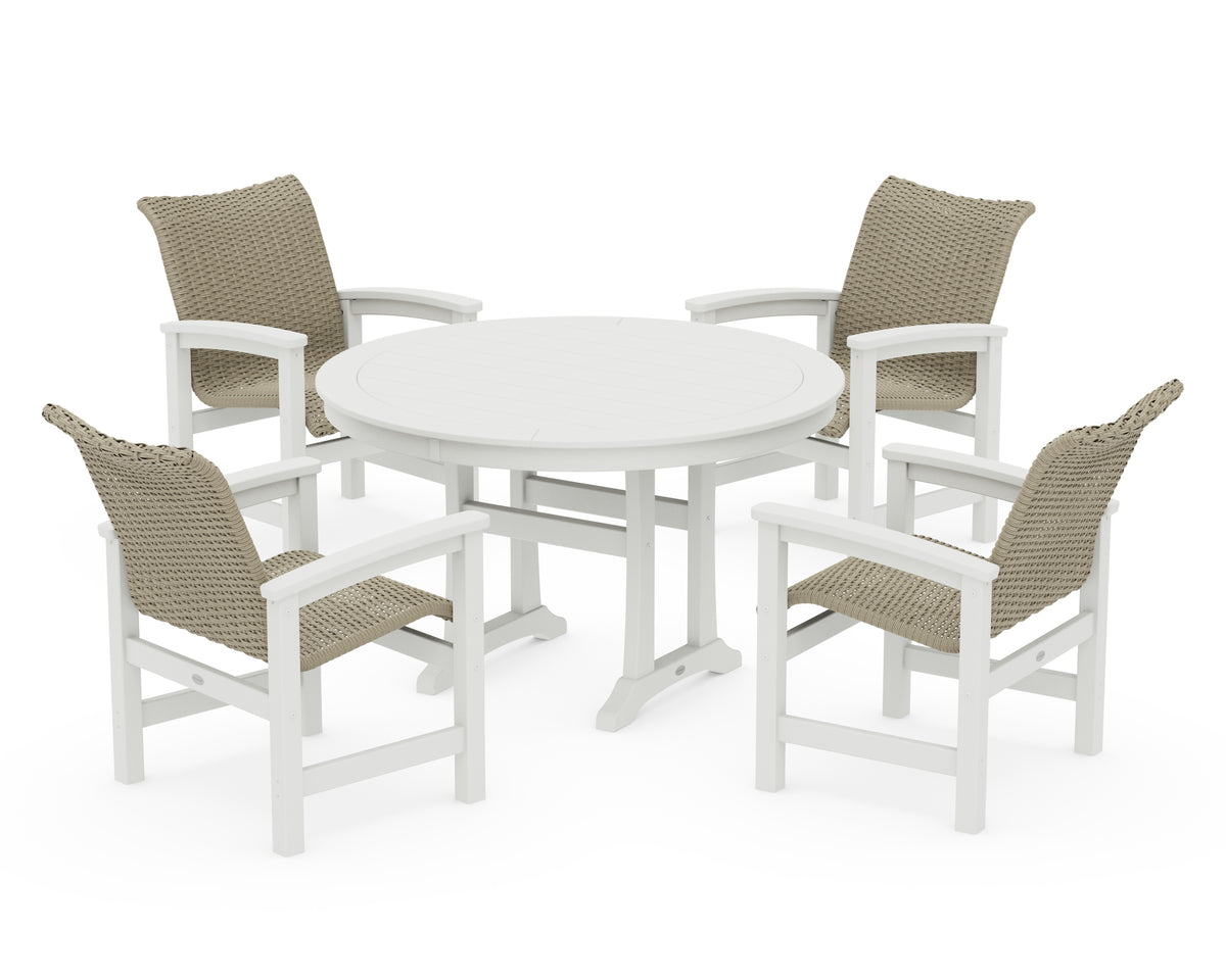 POLYWOOD Coastal Woven 5-Piece Round Dining Set with Trestle Legs in White / Dune Grass