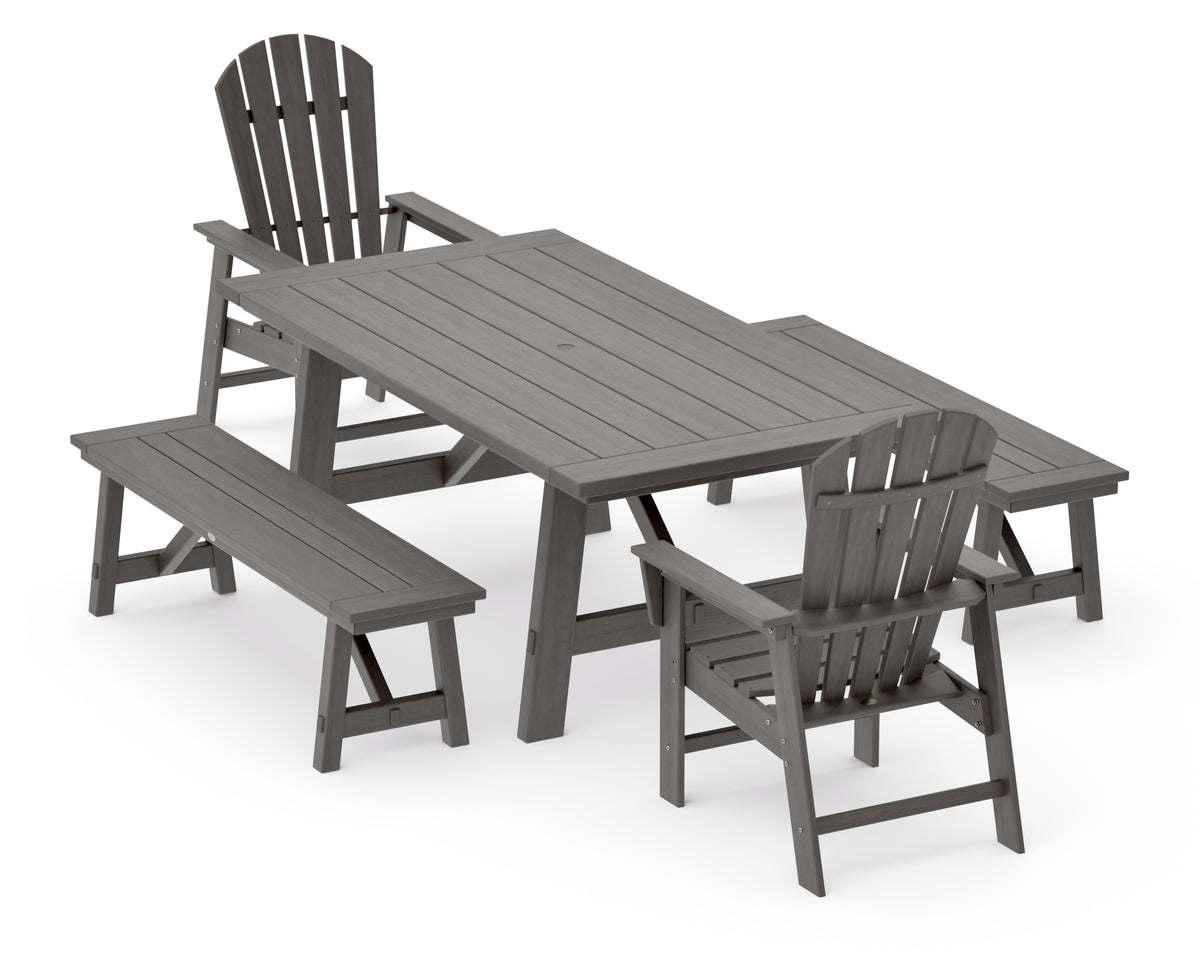 POLYWOOD South Beach 5-Piece Rustic Farmhouse Dining Set with Benches in Driftwood