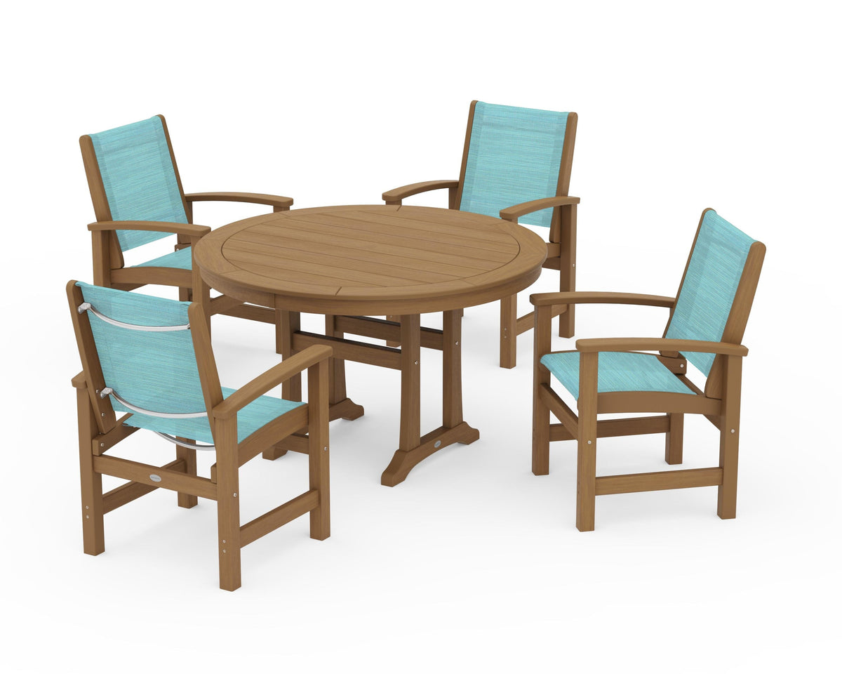 POLYWOOD Coastal 5-Piece Round Dining Set with Trestle Legs in Natural / Dupioni Aquamarine