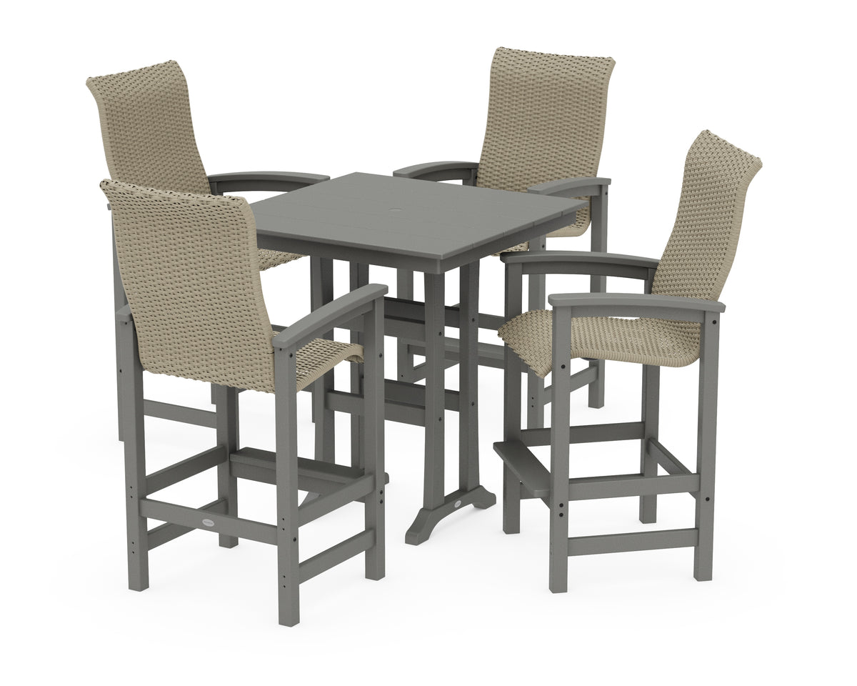 POLYWOOD Coastal Woven High-Back 5-Piece Farmhouse Bar Set with Trestle Legs in Slate Grey / Dune Grass