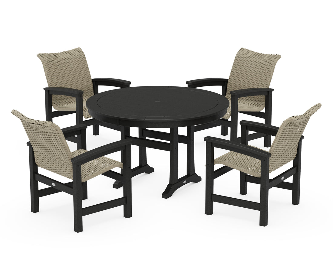 POLYWOOD Coastal Woven 5-Piece Round Dining Set with Trestle Legs in Black / Dune Grass