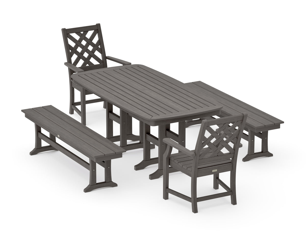POLYWOOD Wovendale 5-Piece Dining Set with Benches in Driftwood