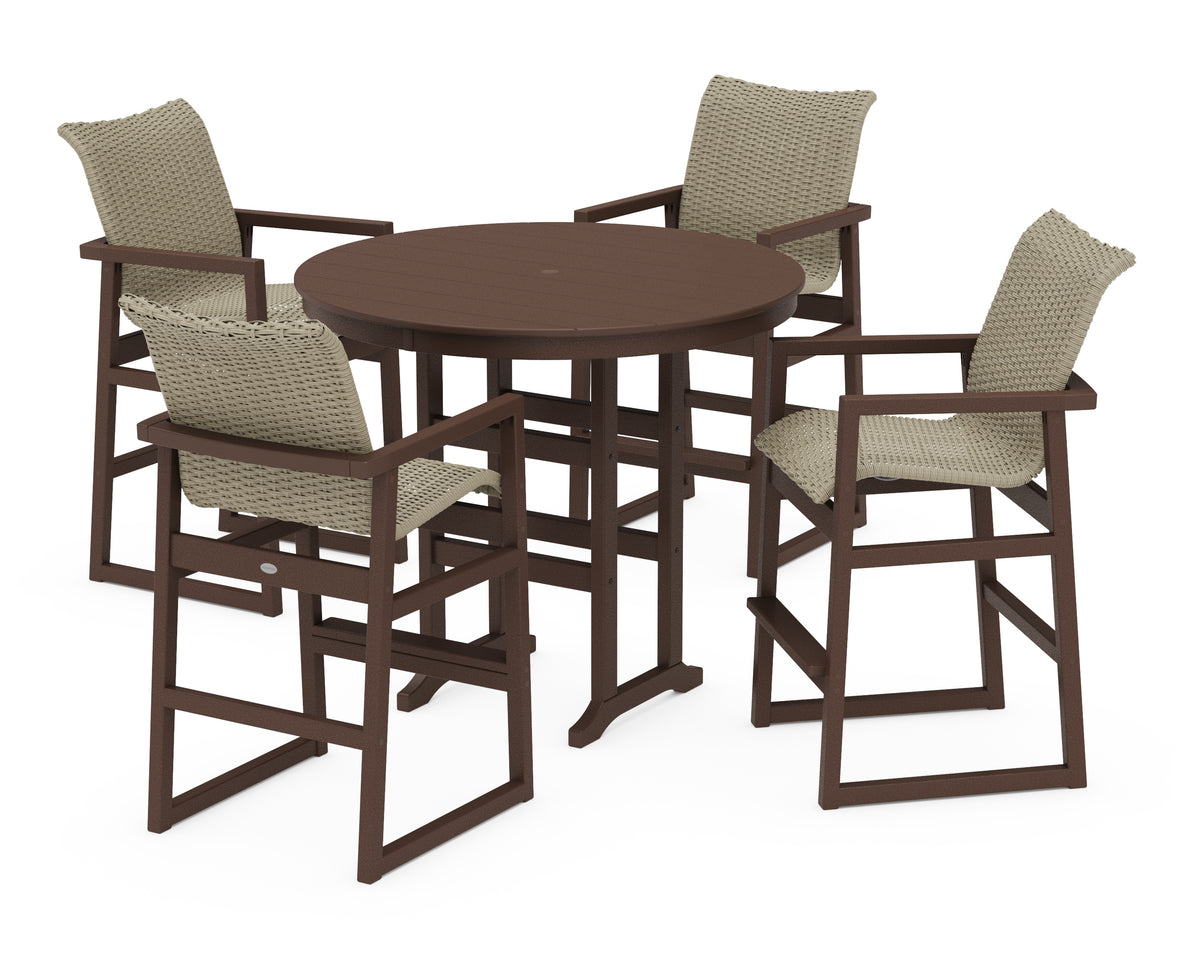 POLYWOOD EDGE Woven 5-Piece Round Farmhouse Bar Set in Mahogany / Dune Grass