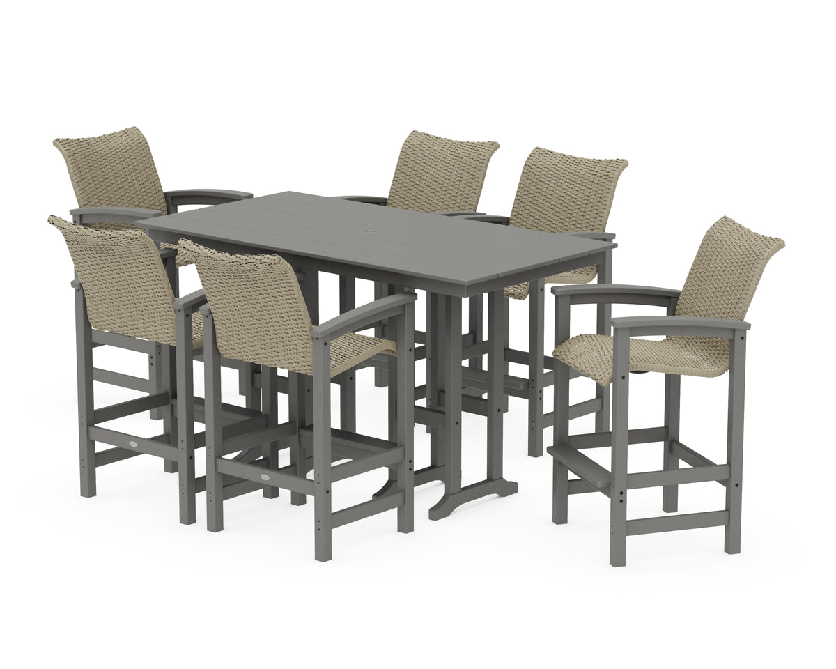 POLYWOOD Coastal Woven Arm Chair 7-Piece Farmhouse Bar Set in Slate Grey / Dune Grass