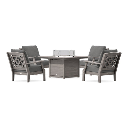 POLYWOOD Chinoiserie 5-Piece Deep Seating Set with Fire Pit Table in Driftwood