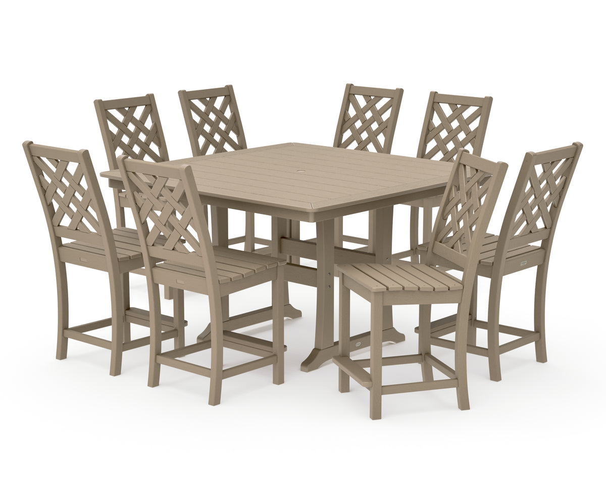 POLYWOOD Country Living Wovendale Side Chair 9-Piece Square Counter Set with Trestle Legs in Vintage Sahara
