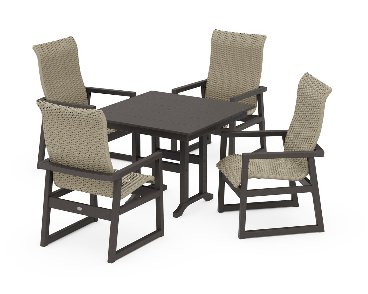 POLYWOOD EDGE Woven High-Back 5-Piece Farmhouse Dining Set in Vintage Coffee / Dune Grass