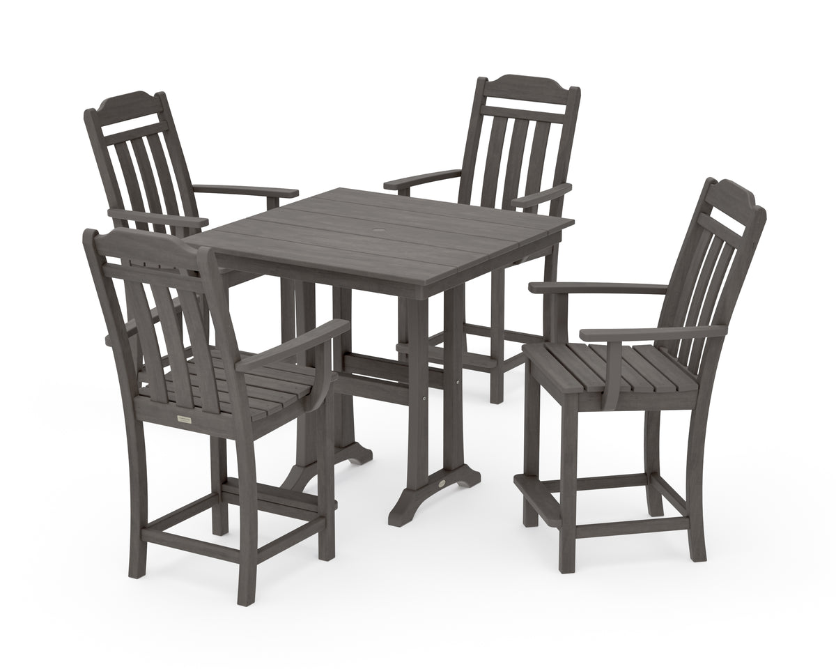POLYWOOD Country Living Cottage 5-Piece Farmhouse Counter Set with Trestle Legs in Driftwood