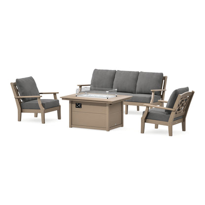 POLYWOOD Chinoiserie Deep Seating Fire Pit Table Set in Vintage Sahara