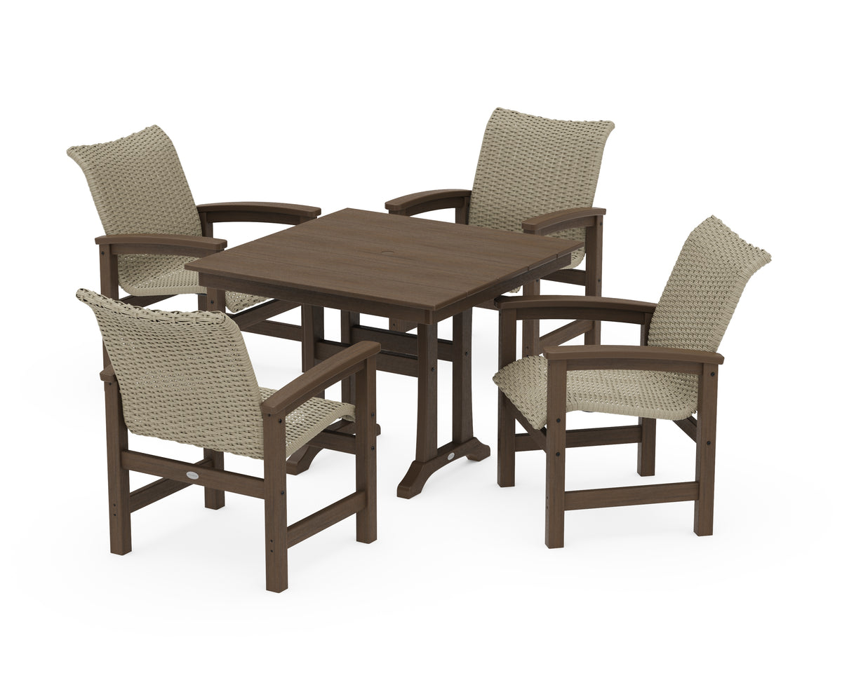 POLYWOOD Coastal Woven 5-Piece Farmhouse Dining Set with Trestle Legs in Kona / Dune Grass