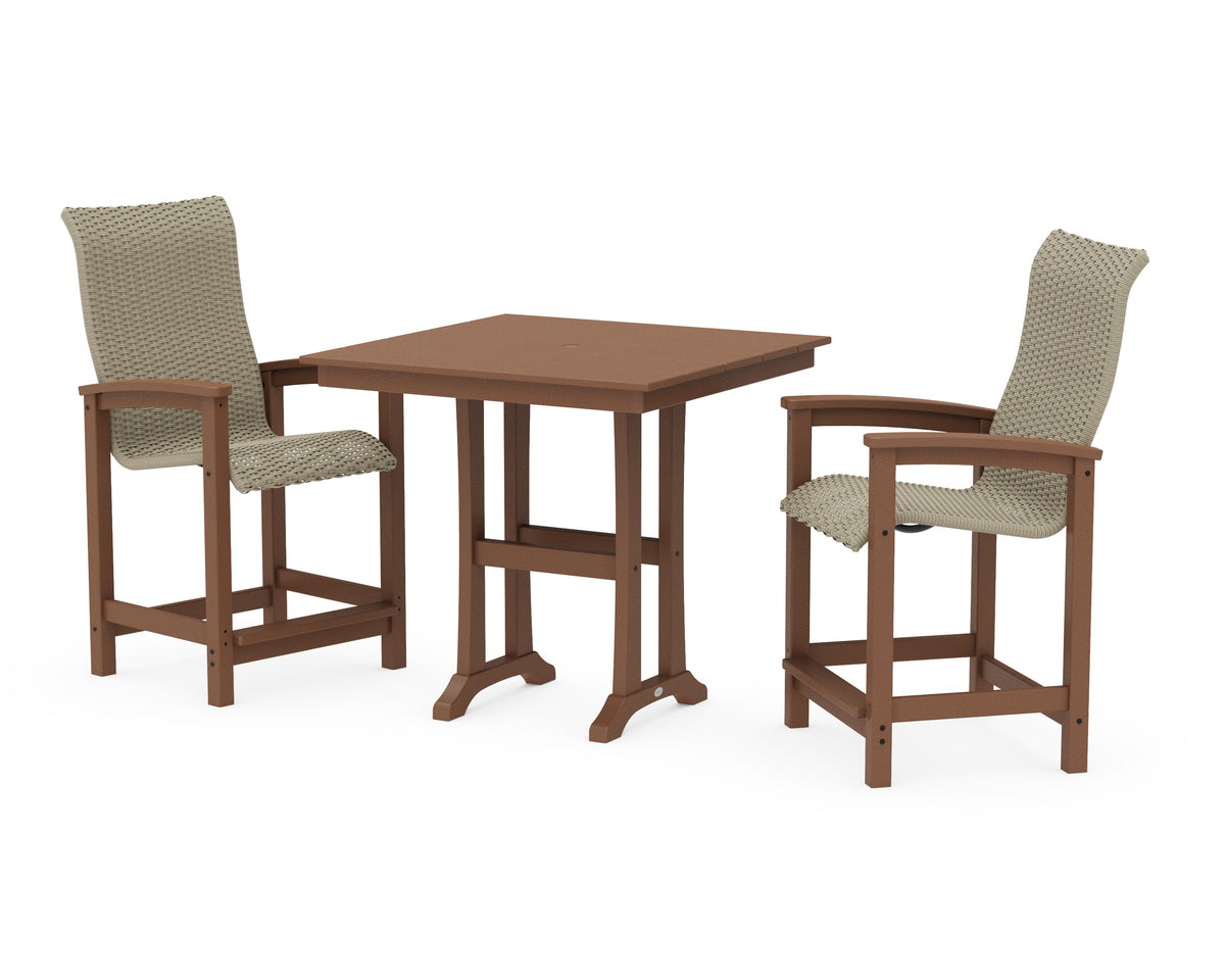 POLYWOOD Coastal Woven High-Back 3-Piece Farmhouse Counter Set with Trestle Legs in Teak / Dune Grass