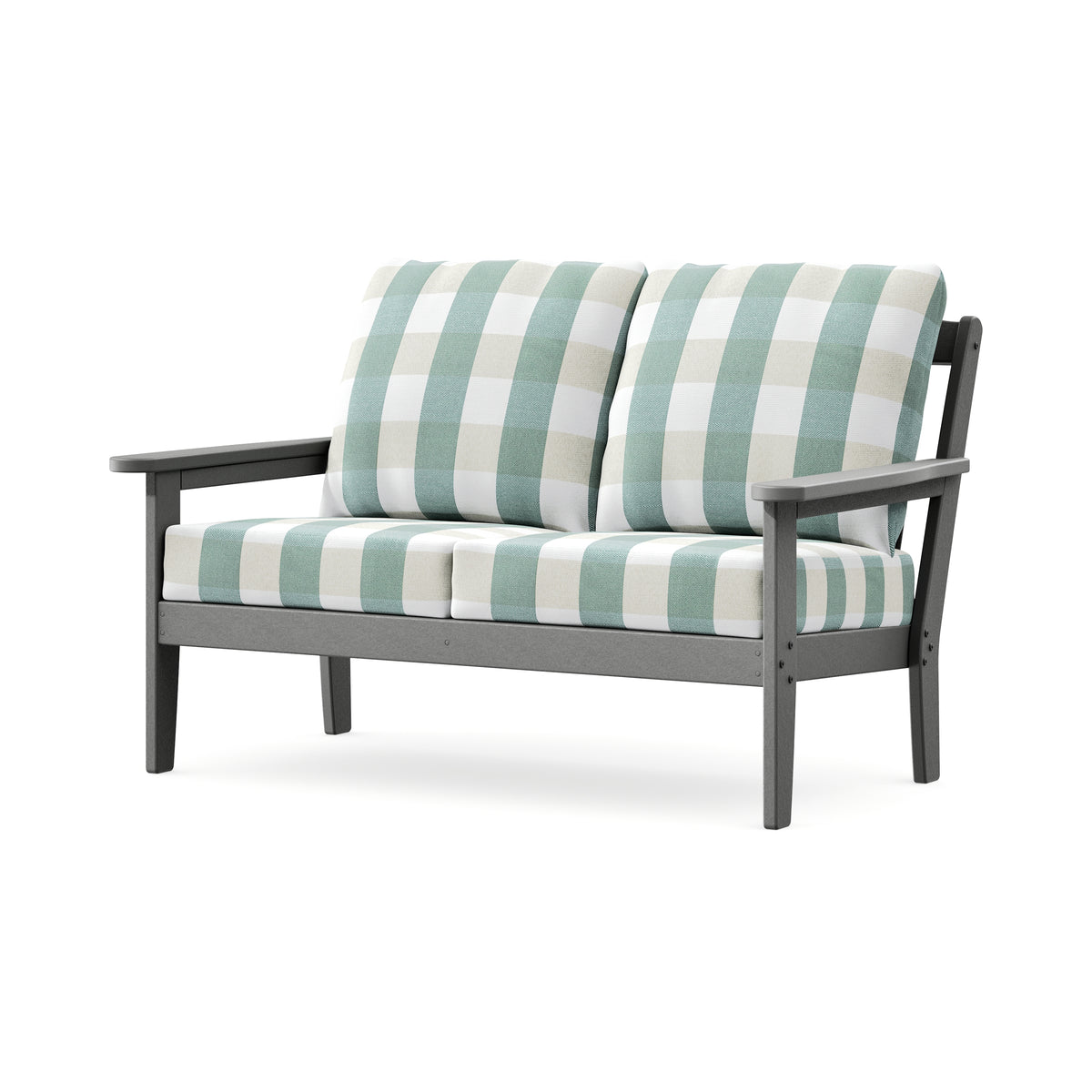 POLYWOOD Cottage Deep Seating Loveseat in Slate Grey / Buffalo Plaid Glacier Spa