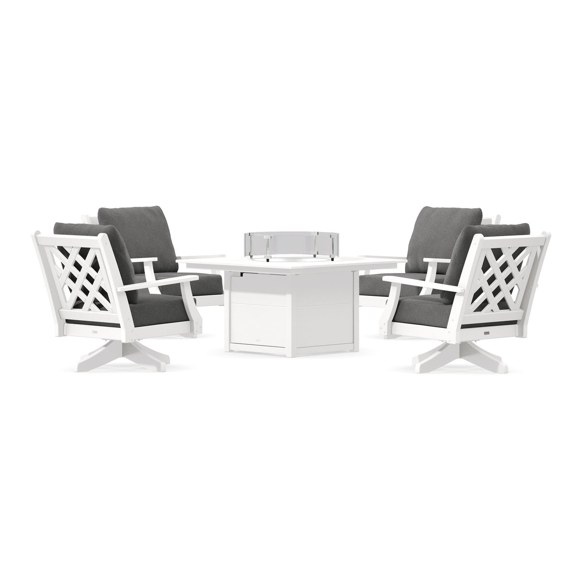 POLYWOOD Country Living Wovendale 5-Piece Deep Seating Swivel Conversation Set with Fire Pit Table in White