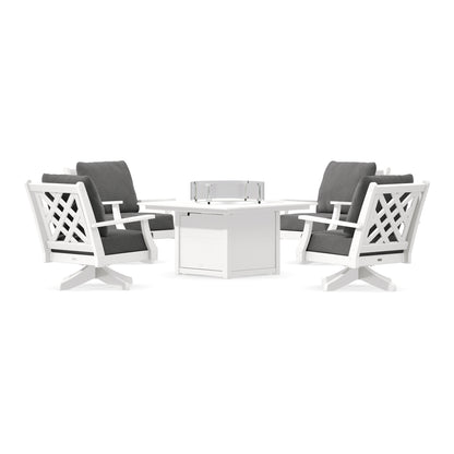 POLYWOOD Country Living Wovendale 5-Piece Deep Seating Swivel Conversation Set with Fire Pit Table in White