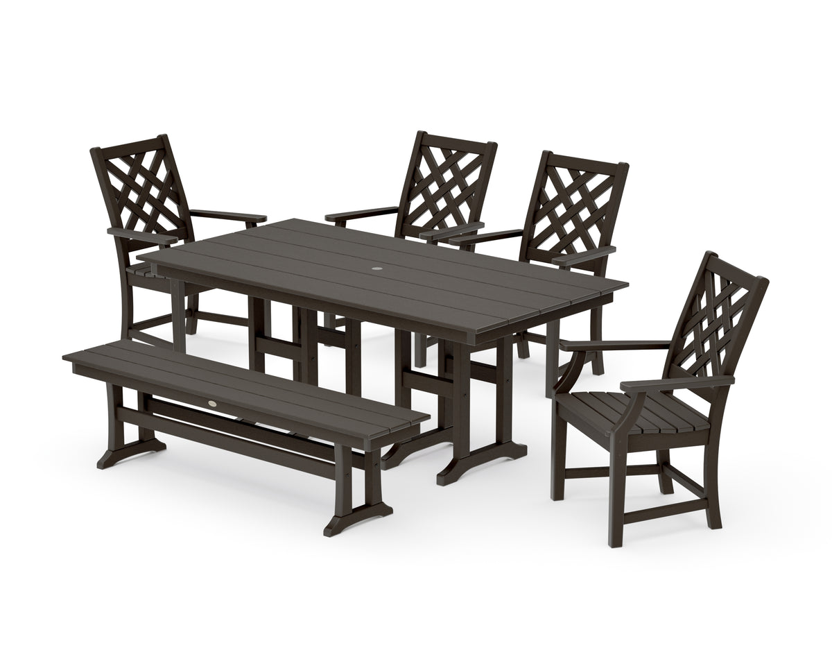 POLYWOOD Country Living Wovendale 6-Piece Farmhouse Dining Set with Bench with Farmhouse 37" x 72" Dining Table in Vintage Coffee