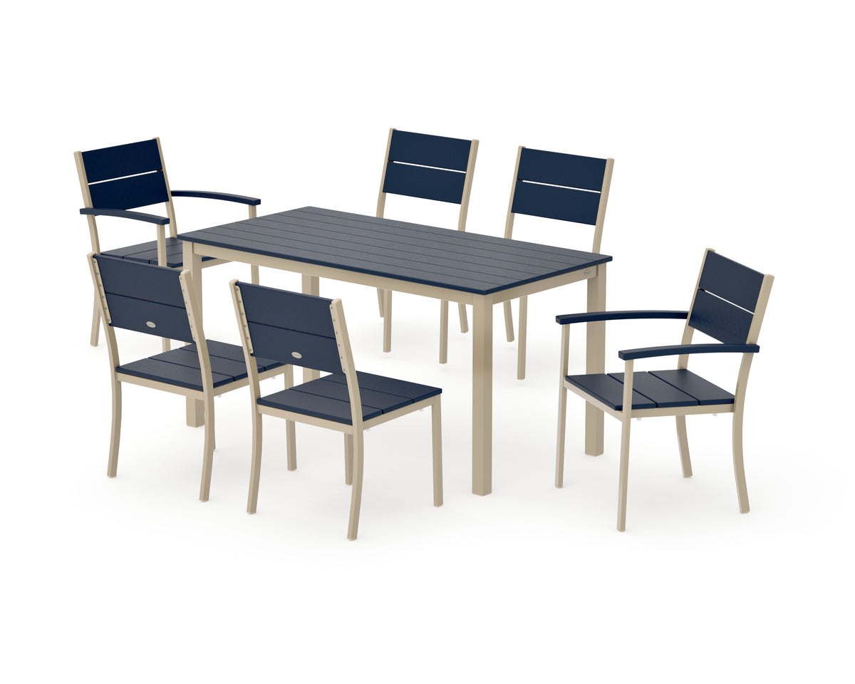 POLYWOOD Main Street 7-Piece Dining Set with Main Street 30 x 60 Dining Table in Sand / Navy