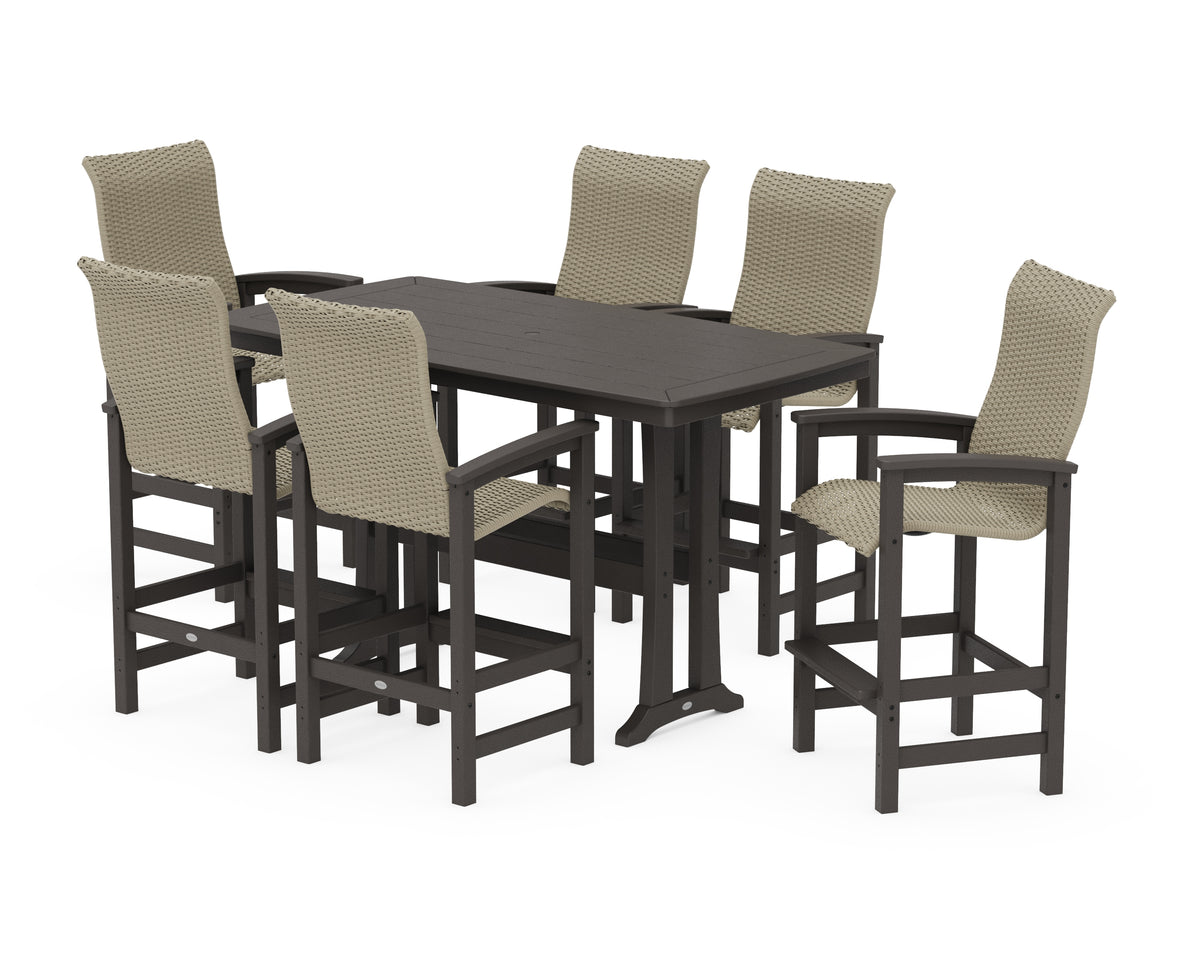 POLYWOOD Coastal Woven High-Back Arm Chair 7-Piece Bar Set with Trestle Legs in Vintage Coffee / Dune Grass