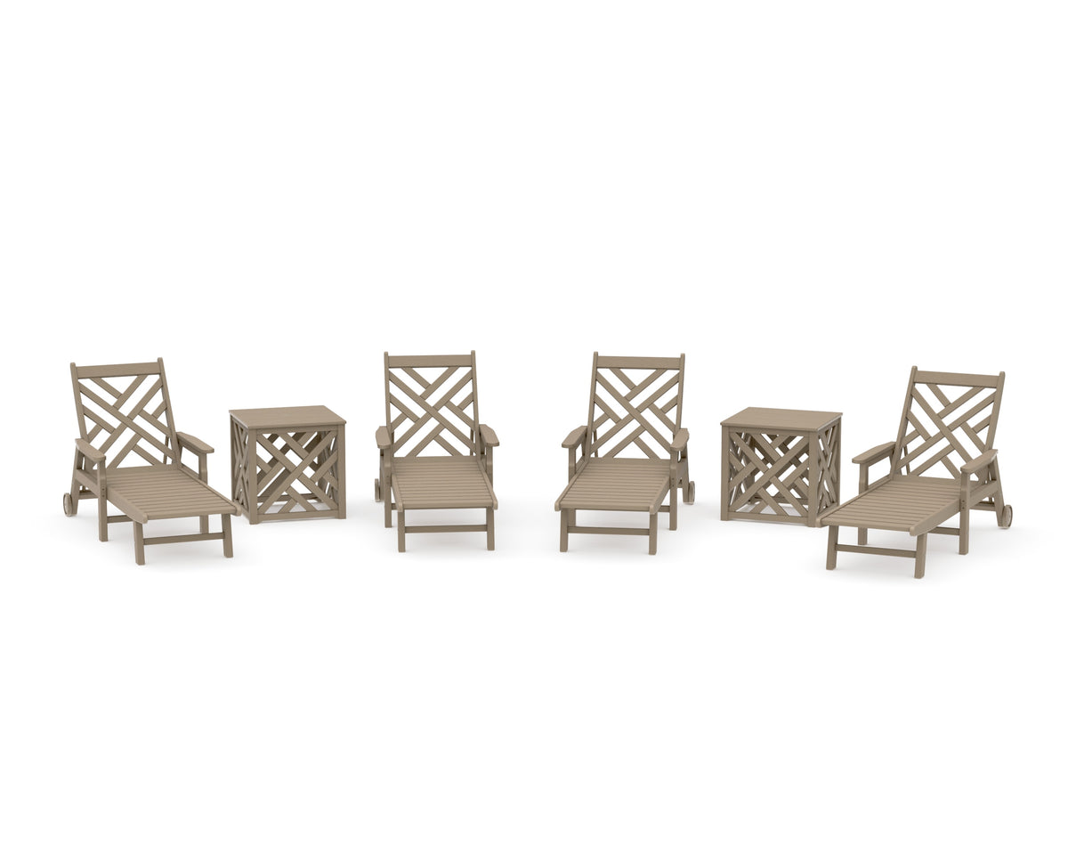 POLYWOOD Chippendale 6-Piece Chaise Set with Umbrella Stand Accent Table in Vintage Sahara