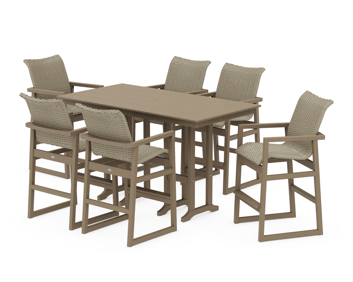 POLYWOOD EDGE Woven Arm Chair 7-Piece Farmhouse Bar Set in Vintage Sahara / Dune Grass