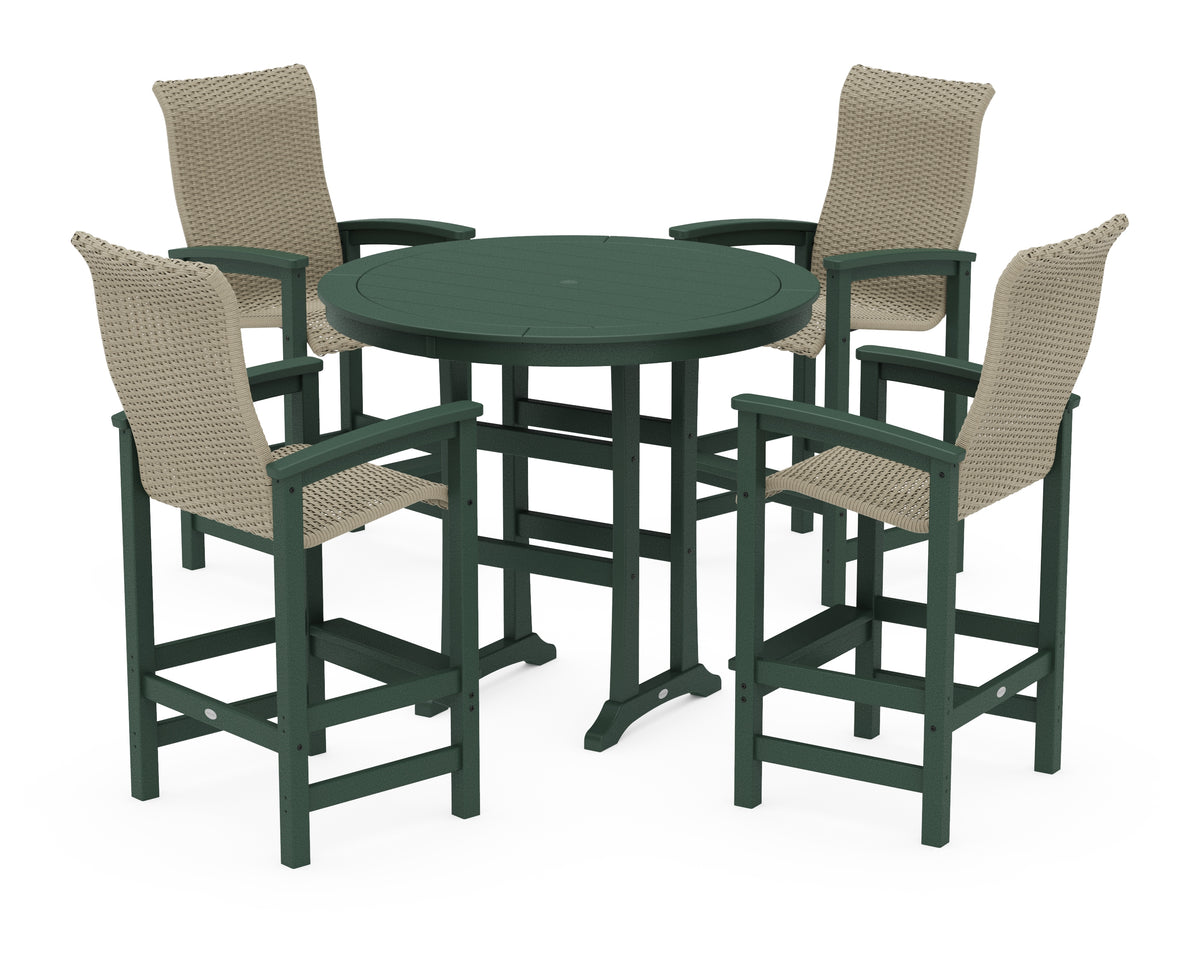 POLYWOOD Coastal Woven High-Back 5-Piece Round Bar Set in Green / Dune Grass