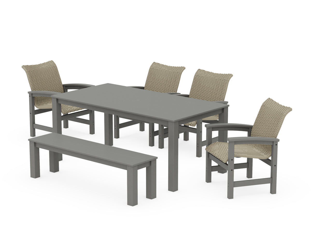 POLYWOOD Coastal Woven 6-Piece Parsons Dining Set with Bench in Slate Grey / Dune Grass
