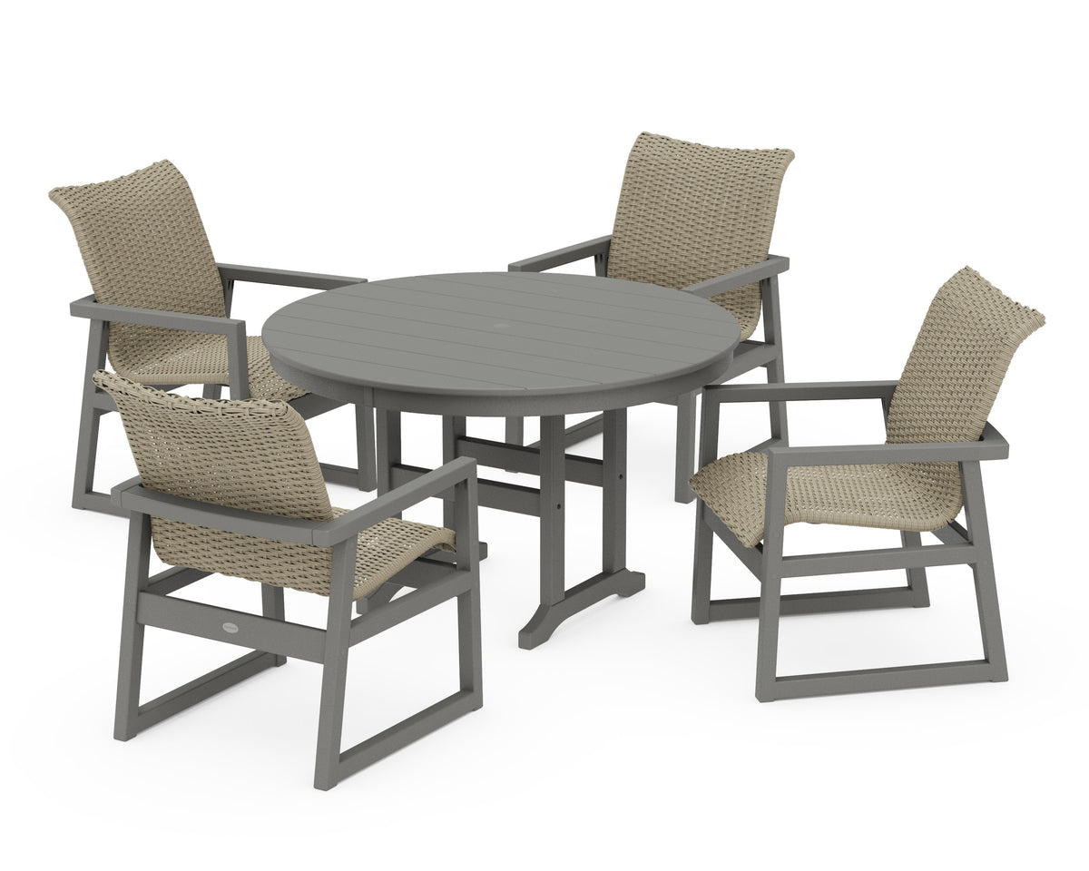 POLYWOOD EDGE Woven 5-Piece Round Farmhouse Dining Set in Slate Grey / Dune Grass