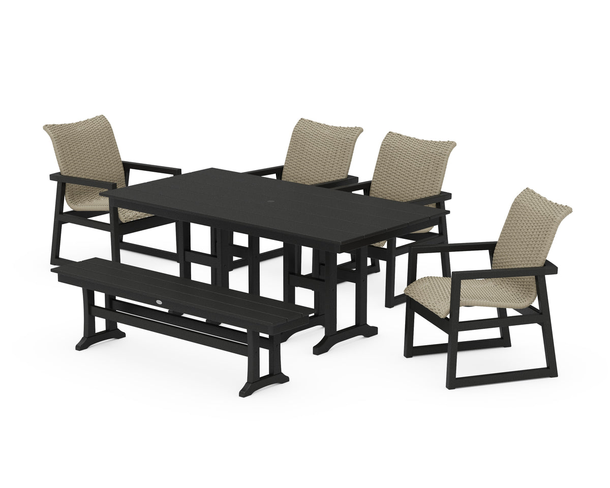 POLYWOOD EDGE Woven 6-Piece Farmhouse Dining Set with Bench in Black / Dune Grass