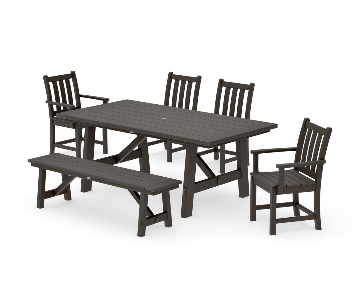 POLYWOOD Traditional Garden 6-Piece Rustic Farmhouse Dining Set with Bench in Vintage Coffee