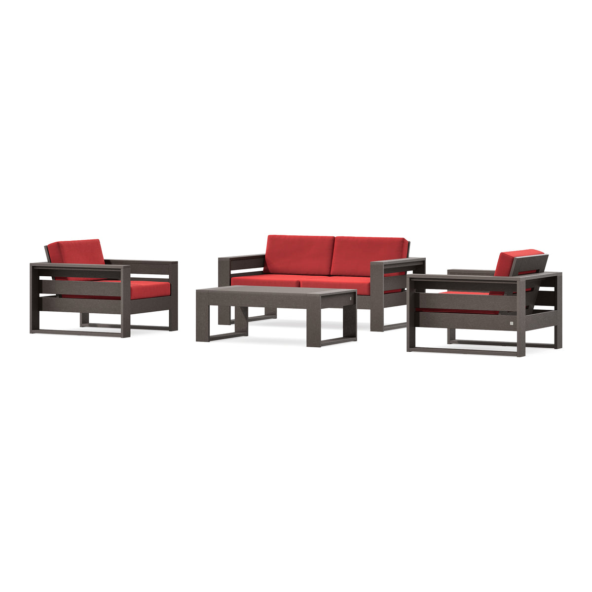 POLYWOOD PW Designer Series Latitude 4-Piece Lounge Loveseat Set in Vintage Coffee / Crimson Linen