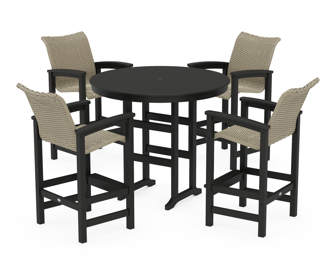 POLYWOOD Coastal Woven 5-Piece Round Farmhouse Bar Set in Black / Dune Grass