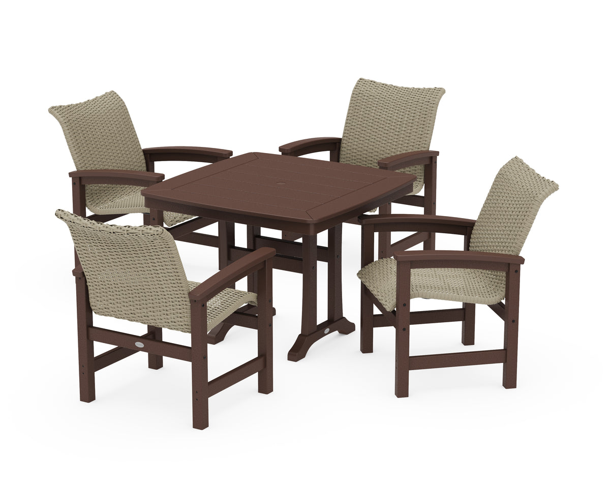 POLYWOOD Coastal Woven 5-Piece Dining Set with Trestle Legs in Mahogany / Dune Grass
