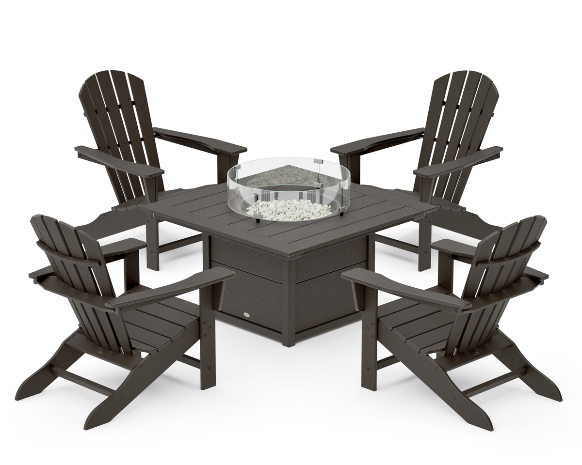 POLYWOOD Palm Coast 5-Piece Adirondack Chair Conversation Set with Fire Pit Table in Vintage Coffee