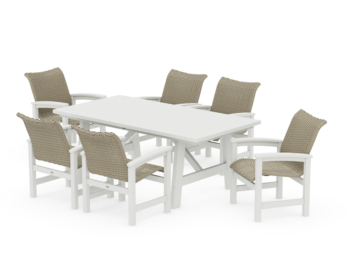 POLYWOOD Coastal Woven Arm Chair 7-Piece Rustic Farmhouse Dining Set in Vintage White / Dune Grass