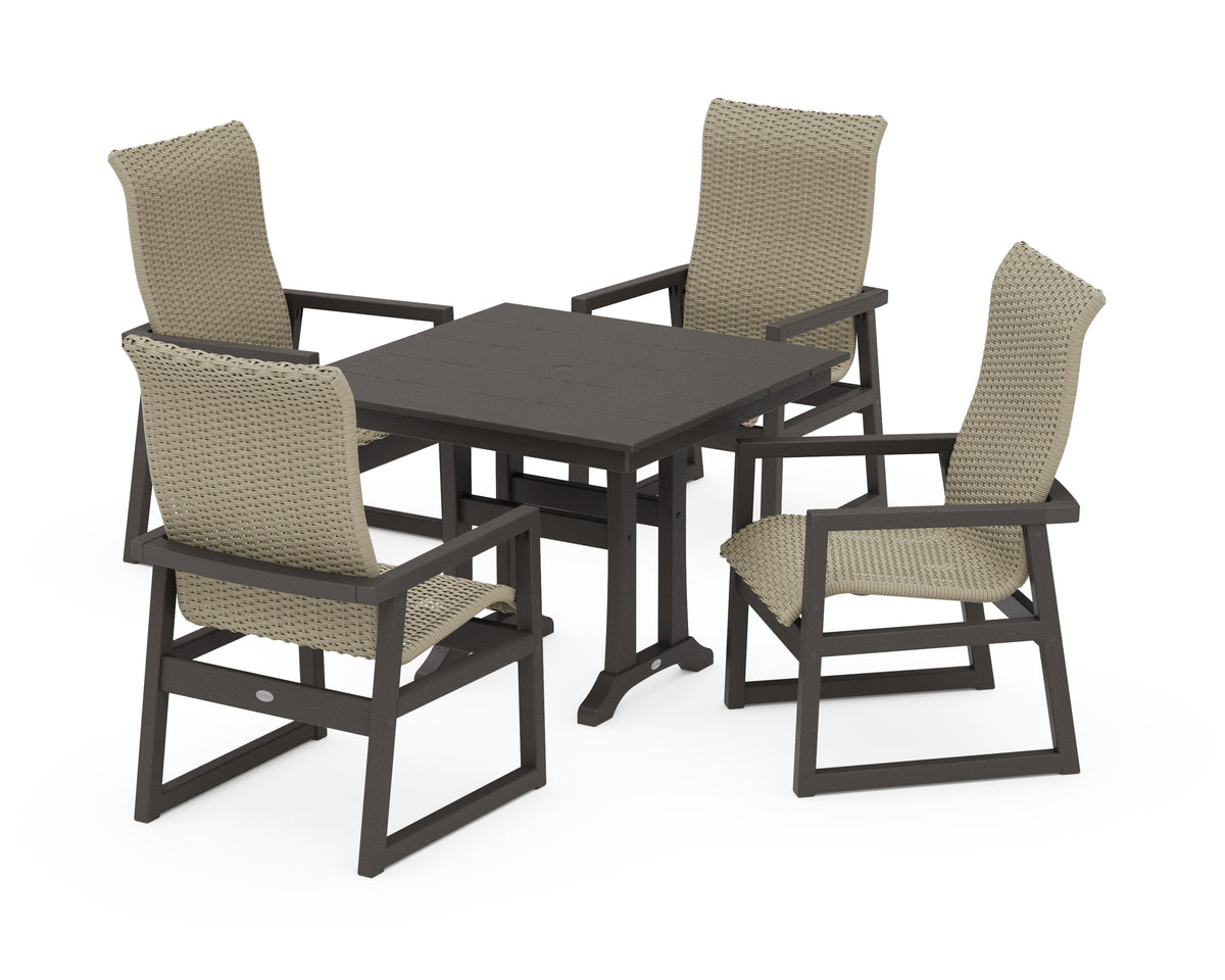 POLYWOOD EDGE Woven High-Back 5-Piece Farmhouse Dining Set with Trestle Legs in Vintage Coffee / Dune Grass