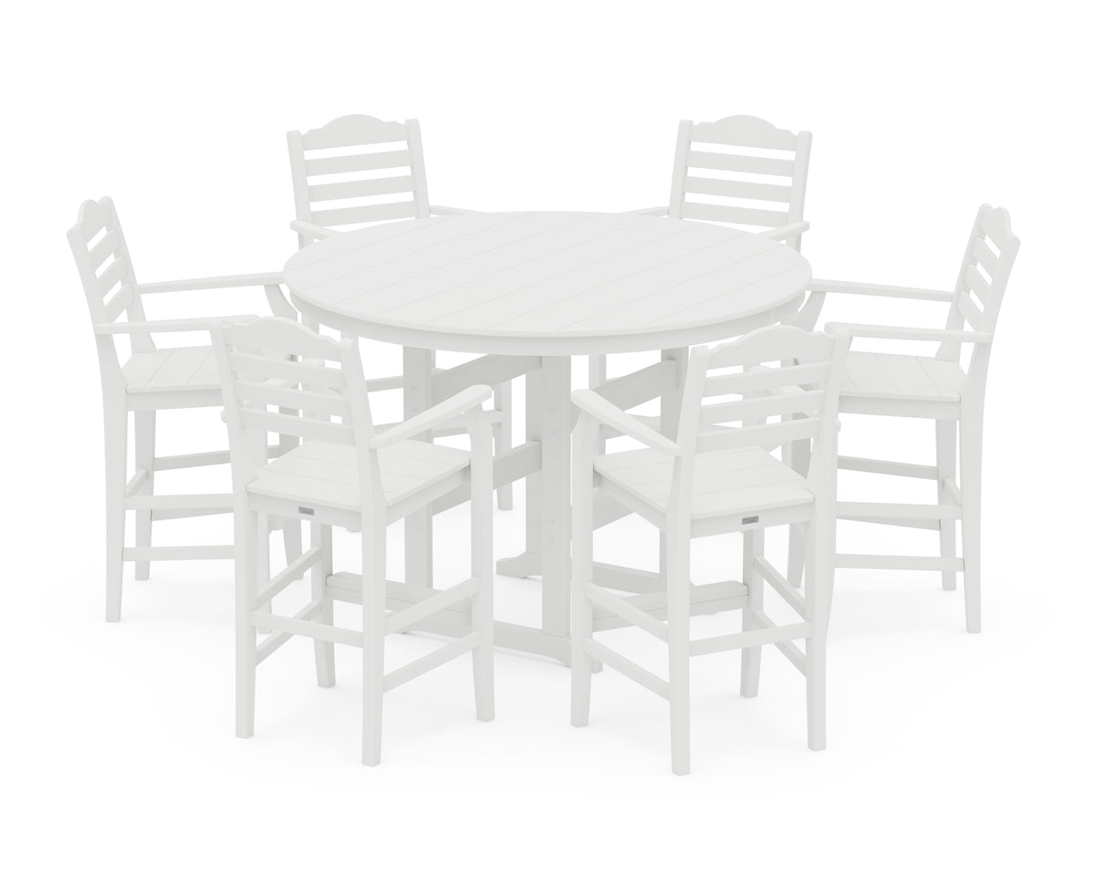 POLYWOOD Savannah 7-Piece Arm Chair Round Farmhouse Bar Set in White