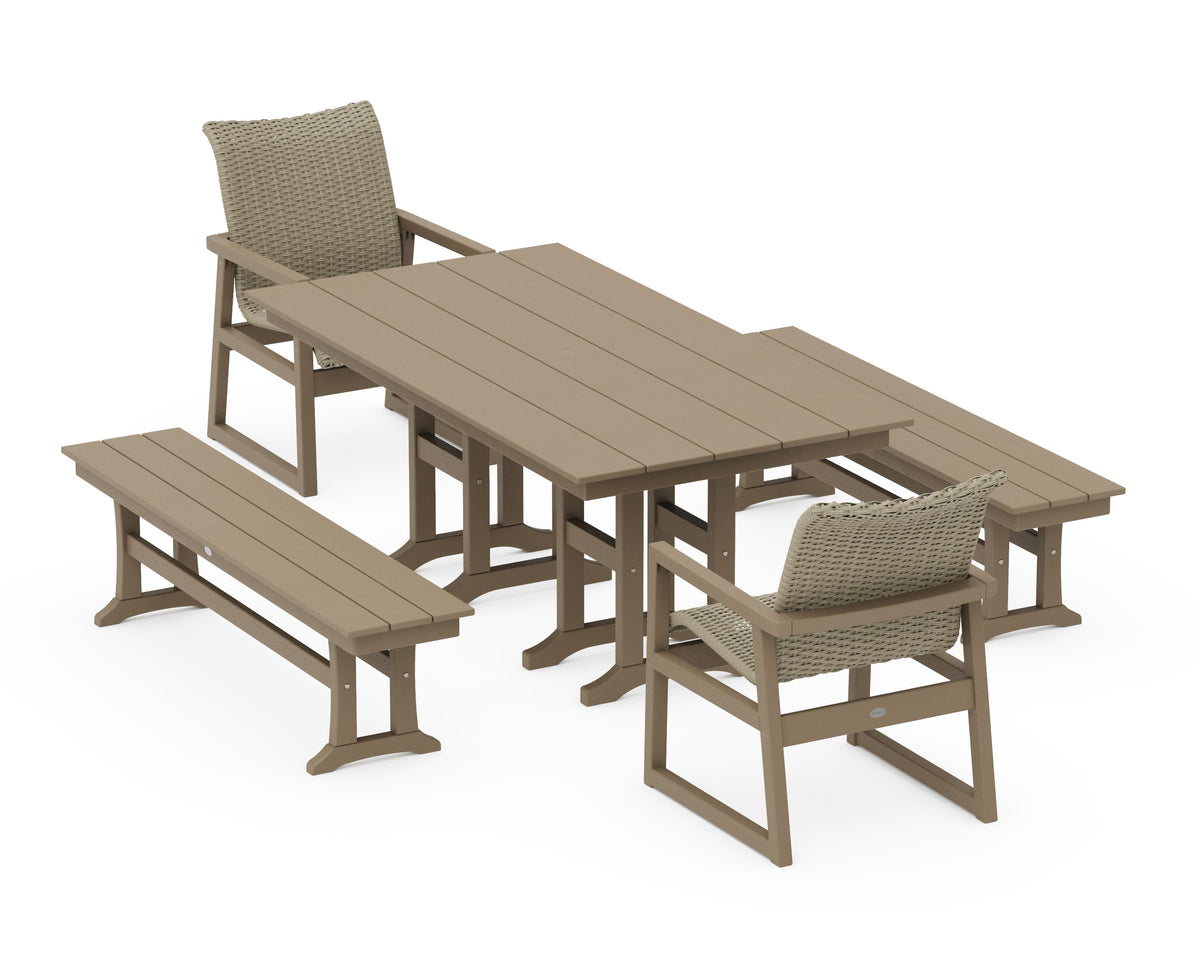 POLYWOOD EDGE Woven 5-Piece Farmhouse Dining Set with Benches in Vintage Sahara / Dune Grass
