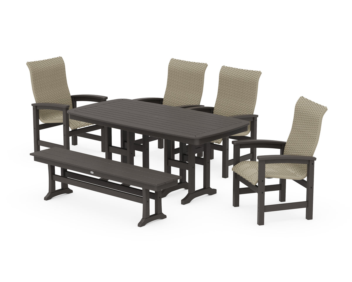 POLYWOOD Coastal Woven High-Back 6-Piece Farmhouse Dining Set with Bench with Nautical 37" x 72" Dining Table in Vintage Coffee / Dune Grass